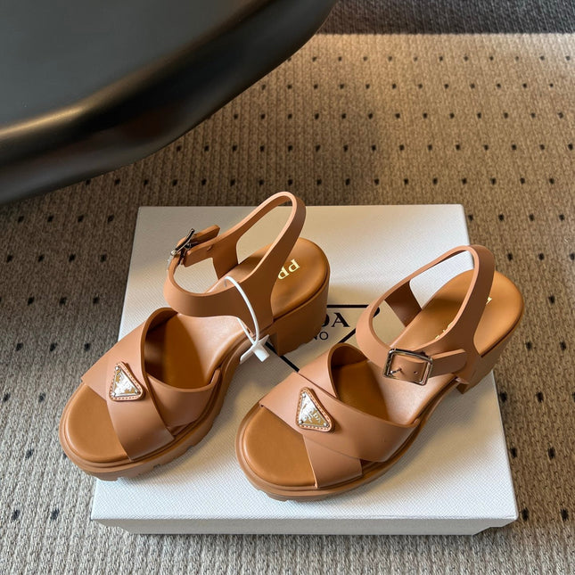 PRADA 26S BLOCK HEEL SANDALS 85MM IN CARAMEL BROWN EVA FOAM