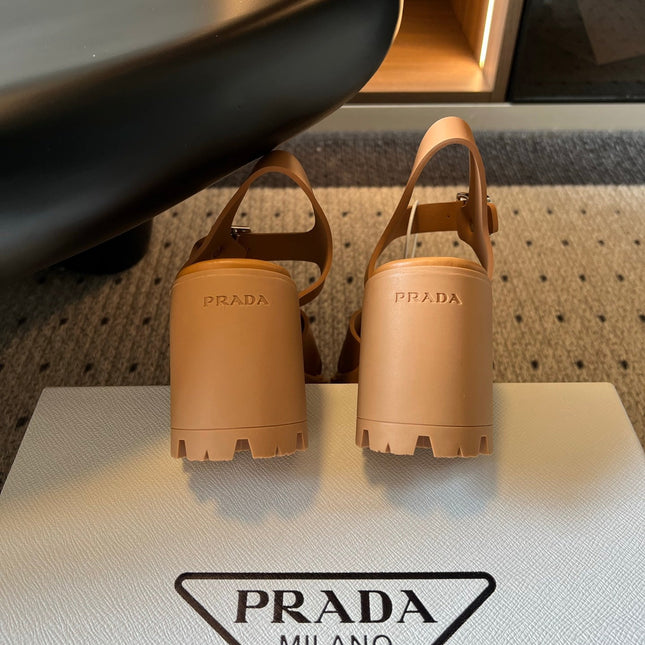 PRADA 26S BLOCK HEEL SANDALS 85MM IN CARAMEL BROWN EVA FOAM