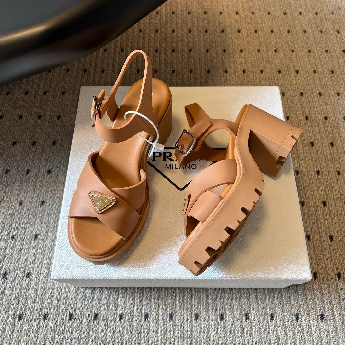 PRADA 26S BLOCK HEEL SANDALS 85MM IN CARAMEL BROWN EVA FOAM