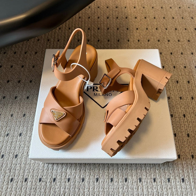 PRADA 26S BLOCK HEEL SANDALS 85MM IN CARAMEL BROWN EVA FOAM