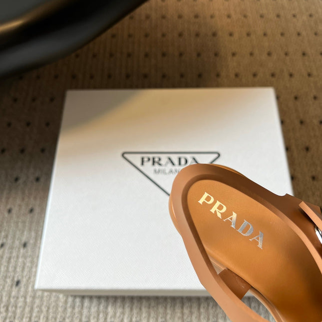 PRADA 26S BLOCK HEEL SANDALS 85MM IN CARAMEL BROWN EVA FOAM