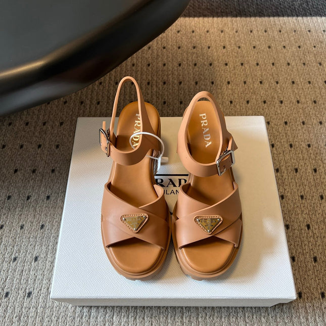 PRADA 26S BLOCK HEEL SANDALS 85MM IN CARAMEL BROWN EVA FOAM
