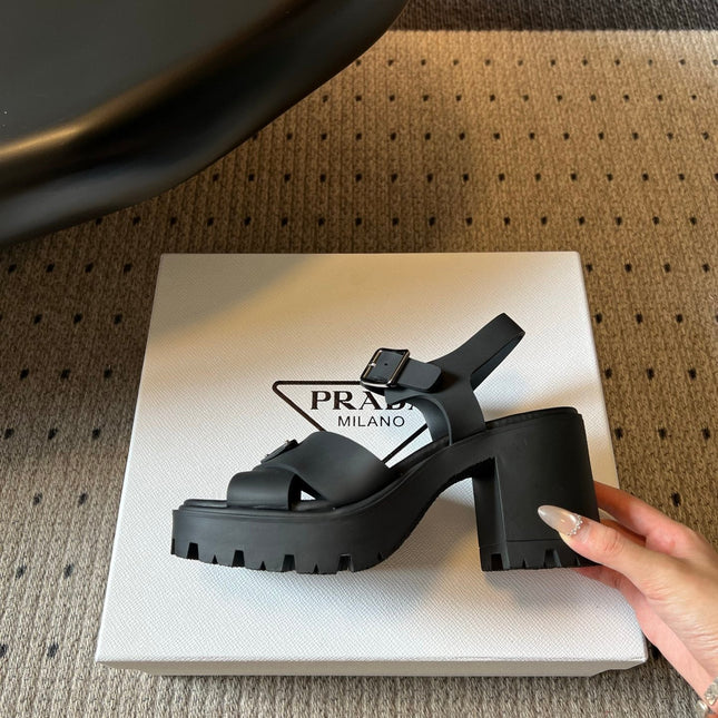 PRADA 26S BLOCK HEEL SANDALS 85MM IN BLACK EVA FOAM