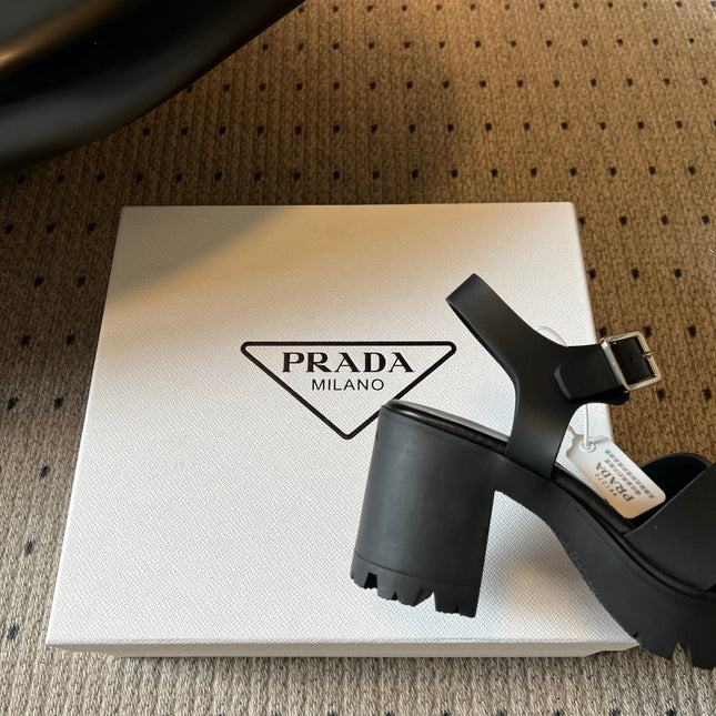 PRADA 26S BLOCK HEEL SANDALS 85MM IN BLACK EVA FOAM