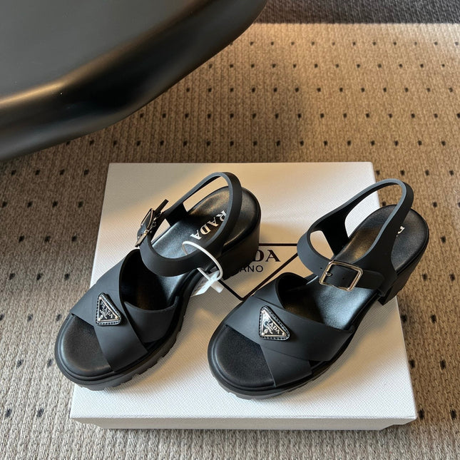 PRADA 26S BLOCK HEEL SANDALS 85MM IN BLACK EVA FOAM