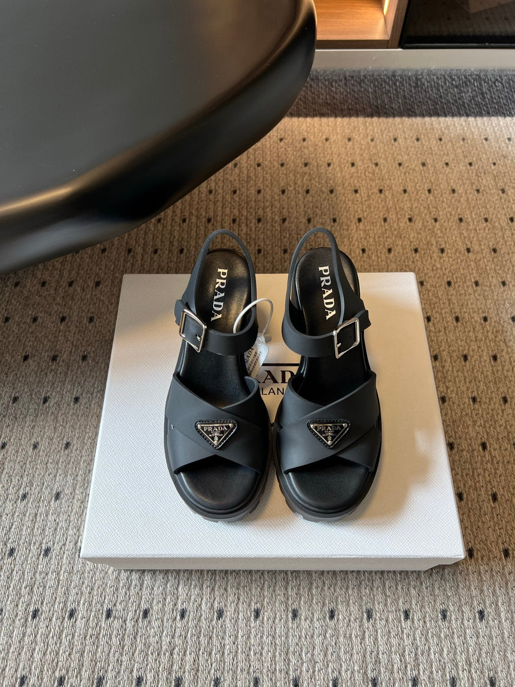 PRADA 26S BLOCK HEEL SANDALS 85MM IN BLACK EVA FOAM