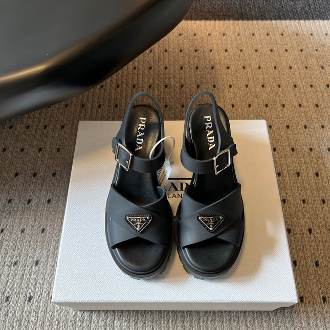 PRADA 26S BLOCK HEEL SANDALS 85MM IN BLACK EVA FOAM
