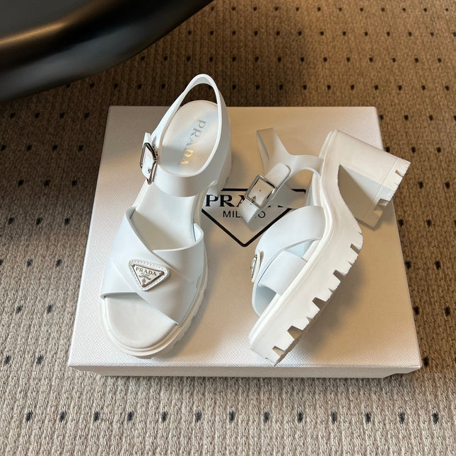PRADA 26S BLOCK HEEL SANDALS 85MM IN WHITE EVA FOAM