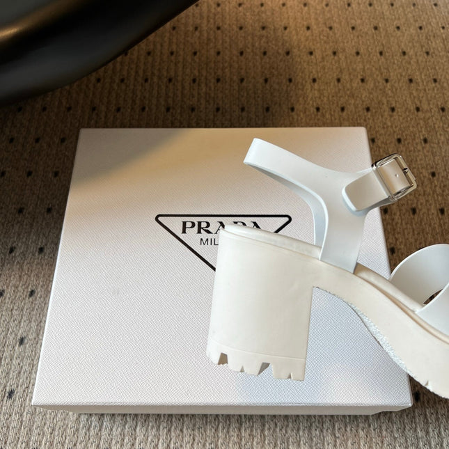 PRADA 26S BLOCK HEEL SANDALS 85MM IN WHITE EVA FOAM