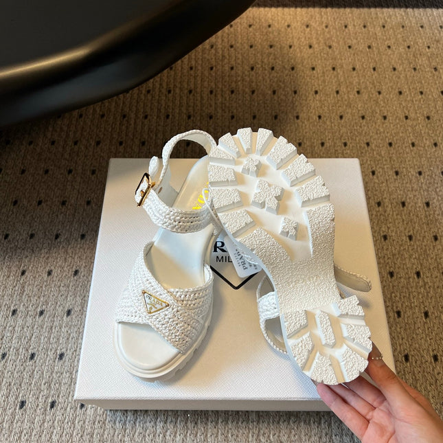 PRADA 26S BLOCK HEEL SANDALS 85MM IN WHITE RAFFIA AND CALFSKIN