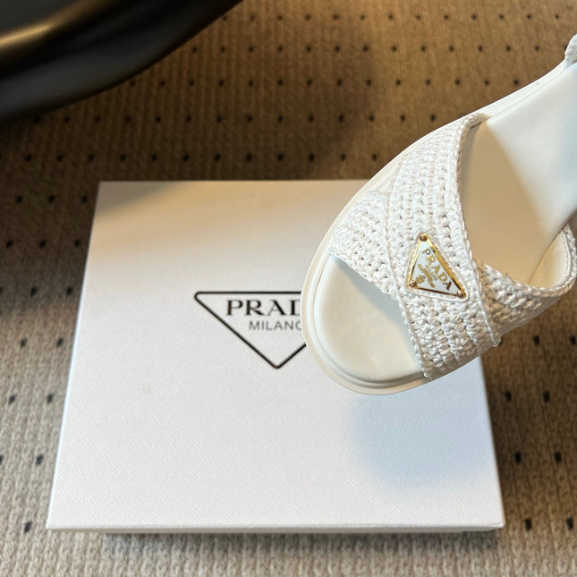 PRADA 26S BLOCK HEEL SANDALS 85MM IN WHITE RAFFIA AND CALFSKIN