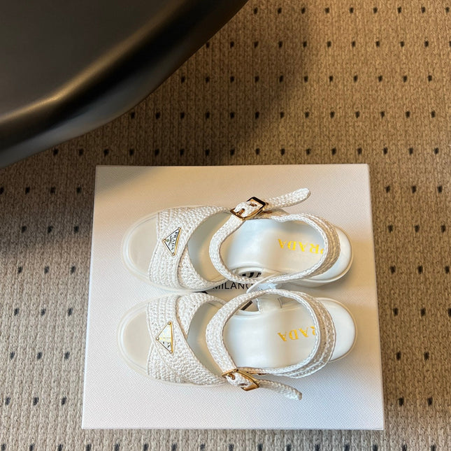 PRADA 26S BLOCK HEEL SANDALS 85MM IN WHITE RAFFIA AND CALFSKIN