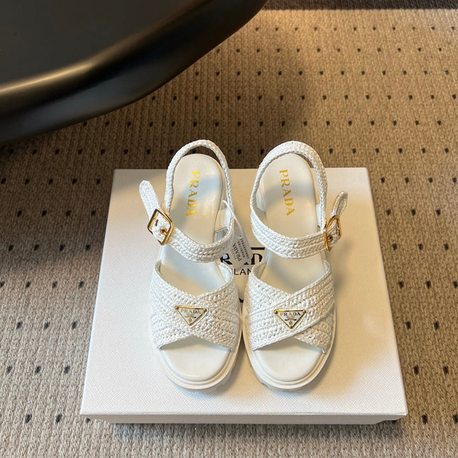 PRADA 26S BLOCK HEEL SANDALS 85MM IN WHITE RAFFIA AND CALFSKIN