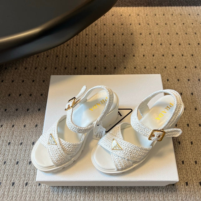 PRADA 26S BLOCK HEEL SANDALS 85MM IN WHITE RAFFIA AND CALFSKIN
