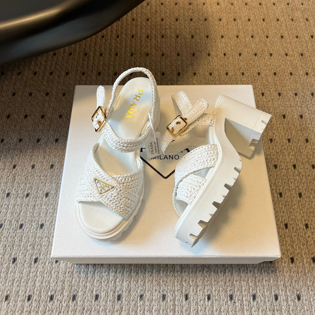 PRADA 26S BLOCK HEEL SANDALS 85MM IN WHITE RAFFIA AND CALFSKIN