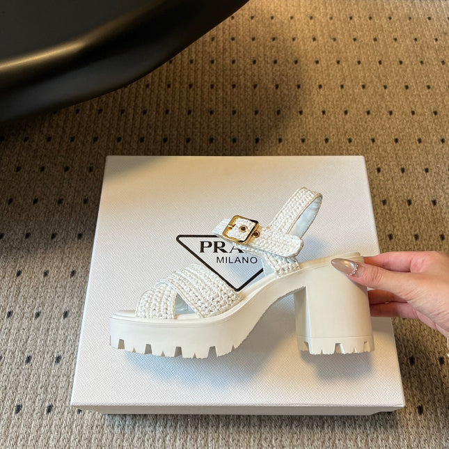 PRADA 26S BLOCK HEEL SANDALS 85MM IN WHITE RAFFIA AND CALFSKIN