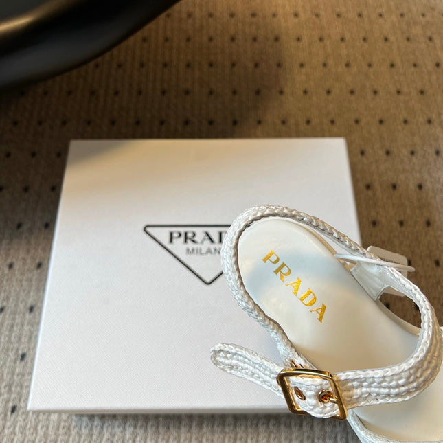 PRADA 26S BLOCK HEEL SANDALS 85MM IN WHITE RAFFIA AND CALFSKIN