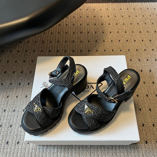 PRADA 26S BLOCK HEEL SANDALS 85MM IN BLACK RAFFIA AND CALFSKIN