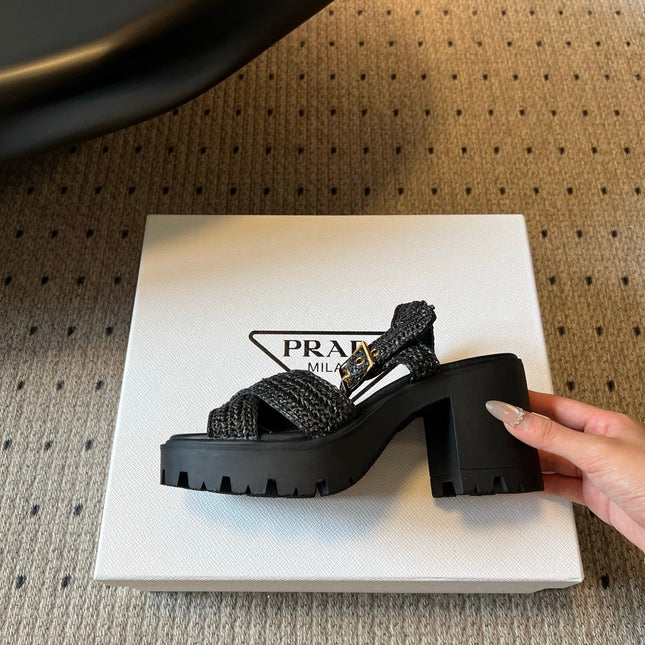 PRADA 26S BLOCK HEEL SANDALS 85MM IN BLACK RAFFIA AND CALFSKIN