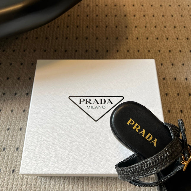 PRADA 26S BLOCK HEEL SANDALS 85MM IN BLACK RAFFIA AND CALFSKIN