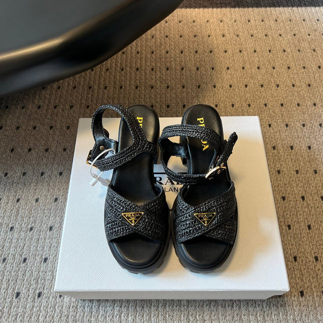 PRADA 26S BLOCK HEEL SANDALS 85MM IN BLACK RAFFIA AND CALFSKIN