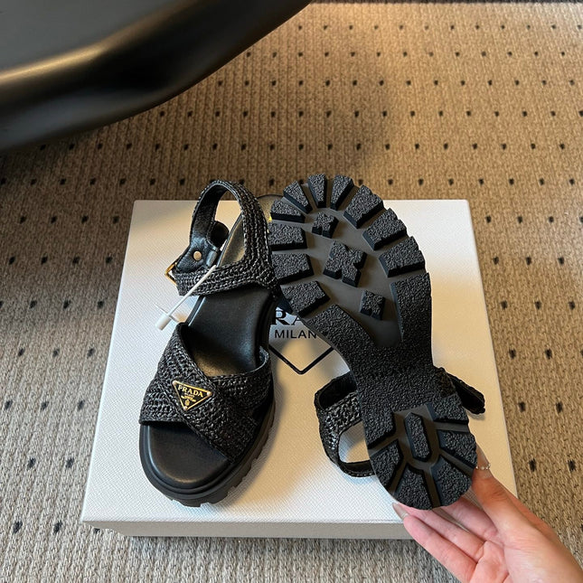 PRADA 26S BLOCK HEEL SANDALS 85MM IN BLACK RAFFIA AND CALFSKIN