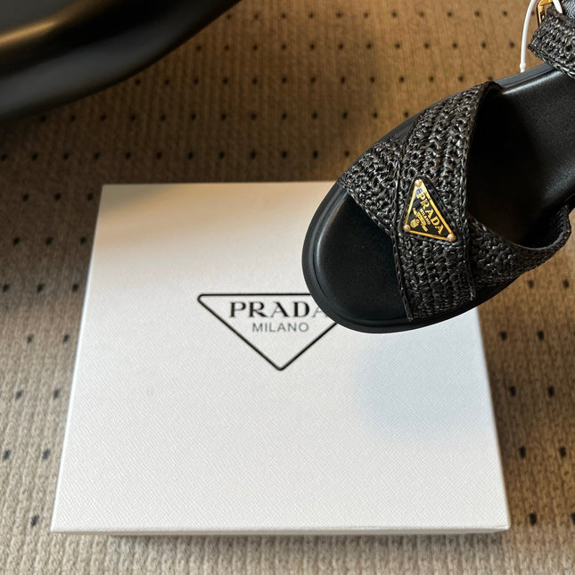 PRADA 26S BLOCK HEEL SANDALS 85MM IN BLACK RAFFIA AND CALFSKIN