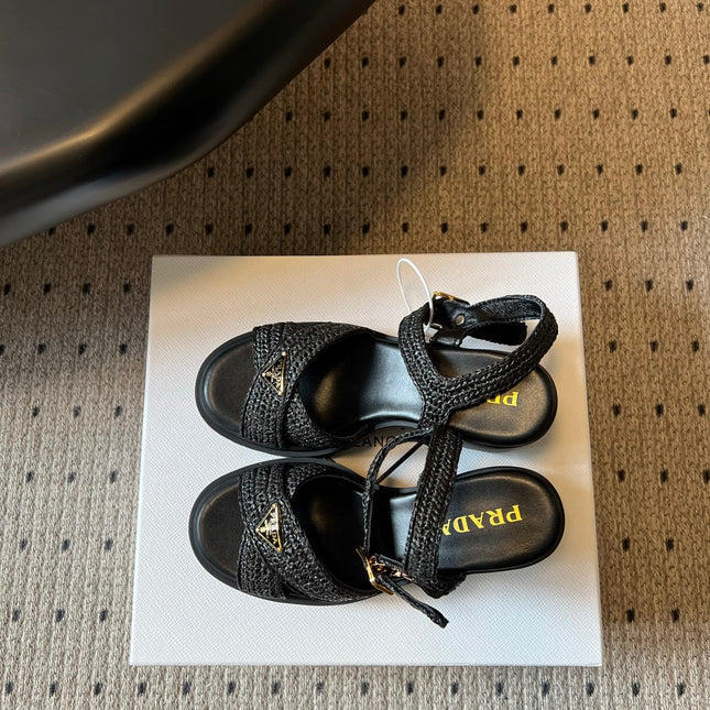 PRADA 26S BLOCK HEEL SANDALS 85MM IN BLACK RAFFIA AND CALFSKIN