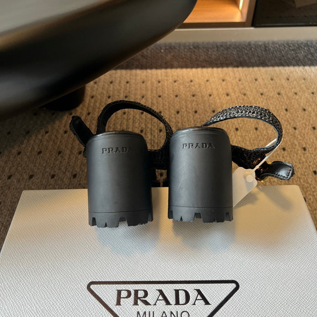 PRADA 26S BLOCK HEEL SANDALS 85MM IN BLACK RAFFIA AND CALFSKIN