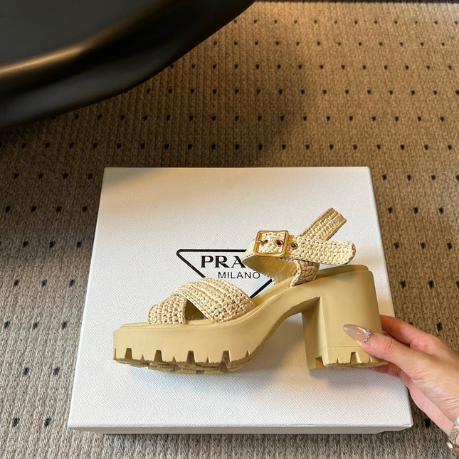 PRADA 26S BLOCK HEEL SANDALS 85MM IN BEIGE RAFFIA AND CALFSKIN