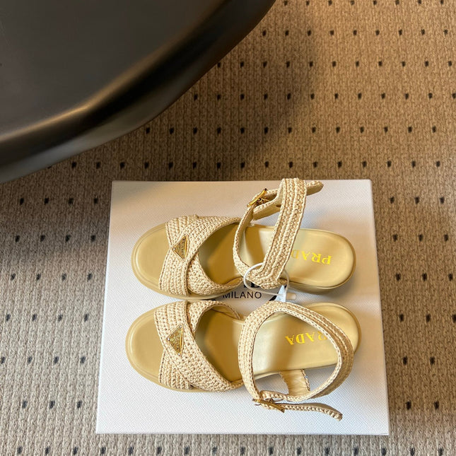 PRADA 26S BLOCK HEEL SANDALS 85MM IN BEIGE RAFFIA AND CALFSKIN