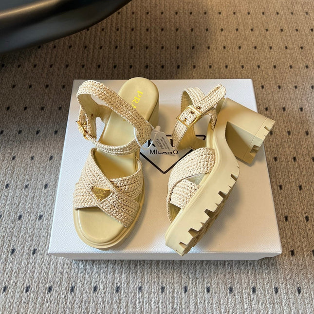 PRADA 26S BLOCK HEEL SANDALS 85MM IN BEIGE RAFFIA AND CALFSKIN