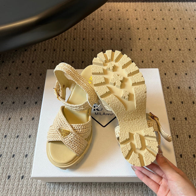 PRADA 26S BLOCK HEEL SANDALS 85MM IN BEIGE RAFFIA AND CALFSKIN
