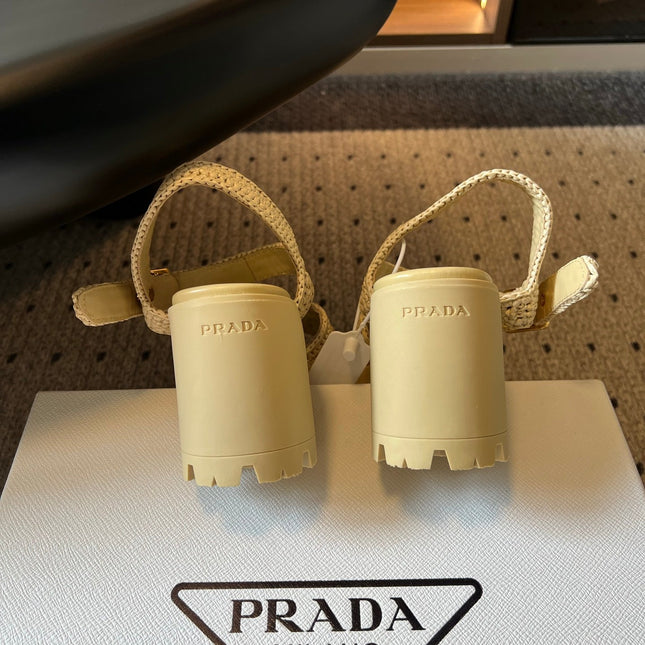 PRADA 26S BLOCK HEEL SANDALS 85MM IN BEIGE RAFFIA AND CALFSKIN