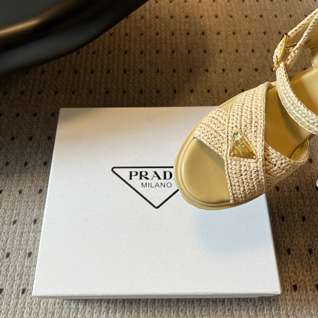 PRADA 26S BLOCK HEEL SANDALS 85MM IN BEIGE RAFFIA AND CALFSKIN