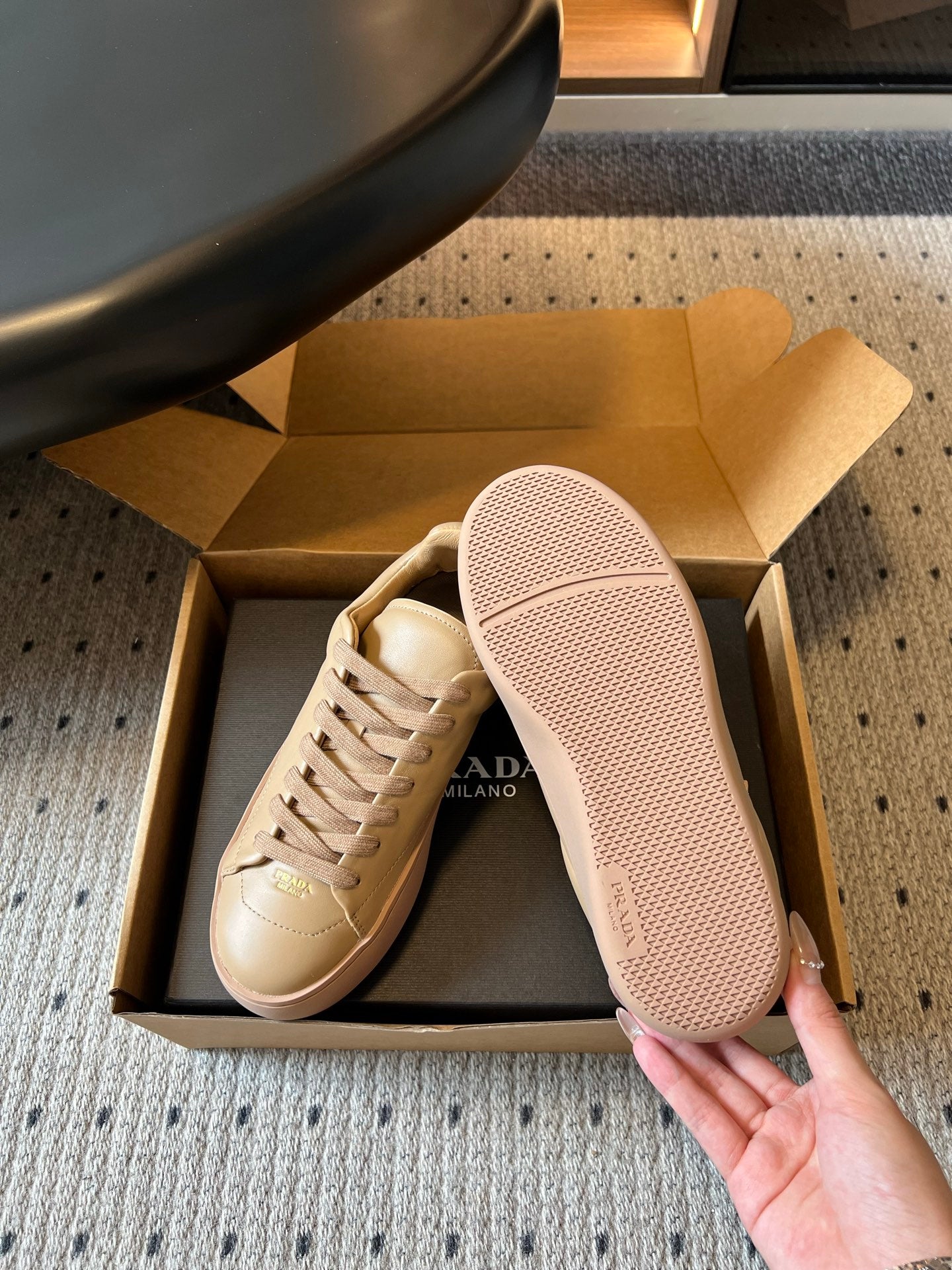 PRADA 26S LACE UP SNEAKERS 40MM IN BEIGE CALFSKIN