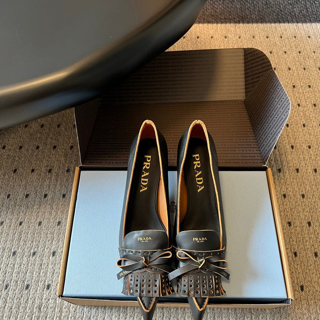 PRADA 26S POINTED TOE BOW FRINGE PUMPS 50MM IN BLACK CALFSKIN