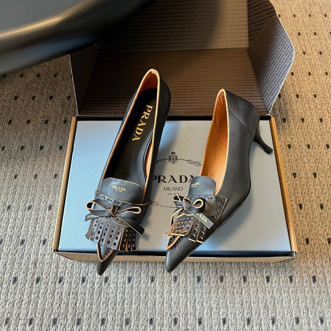 PRADA 26S POINTED TOE BOW FRINGE PUMPS 50MM IN BLACK CALFSKIN