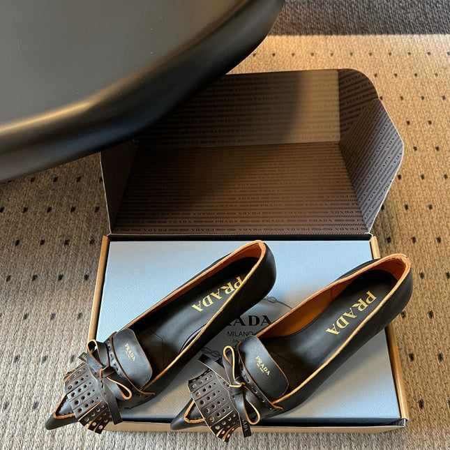 PRADA 26S POINTED TOE BOW FRINGE PUMPS 50MM IN BLACK CALFSKIN