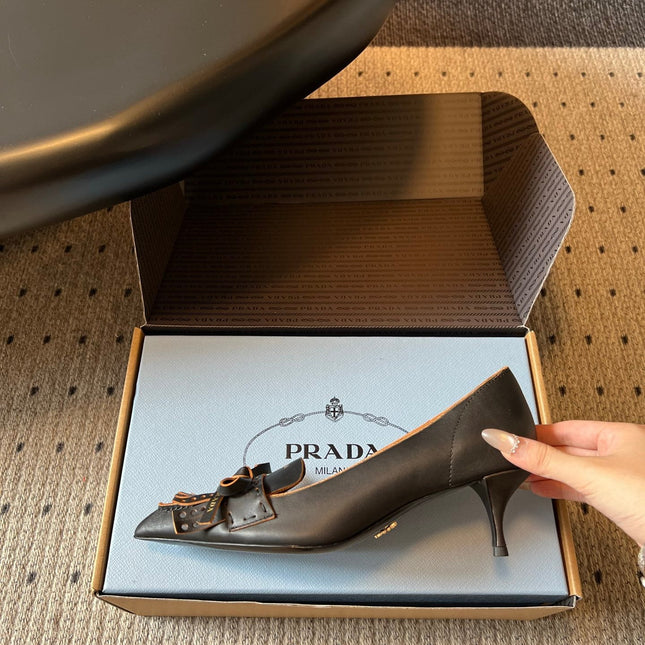 PRADA 26S POINTED TOE BOW FRINGE PUMPS 50MM IN BLACK CALFSKIN