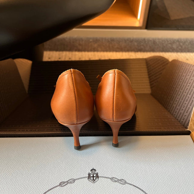 PRADA 26S POINTED TOE BOW FRINGE PUMPS 50MM IN CARAMEL BROWN CALFSKIN
