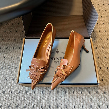 PRADA 26S POINTED TOE BOW FRINGE PUMPS 50MM IN CARAMEL BROWN CALFSKIN