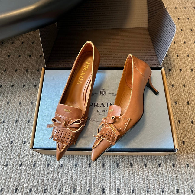 PRADA 26S POINTED TOE BOW FRINGE PUMPS 50MM IN CARAMEL BROWN CALFSKIN