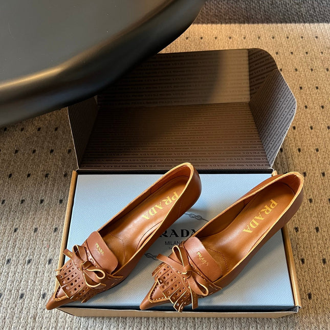 PRADA 26S POINTED TOE BOW FRINGE PUMPS 50MM IN CARAMEL BROWN CALFSKIN