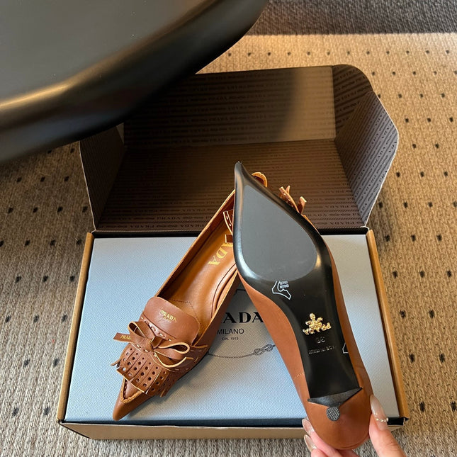 PRADA 26S POINTED TOE BOW FRINGE PUMPS 50MM IN CARAMEL BROWN CALFSKIN