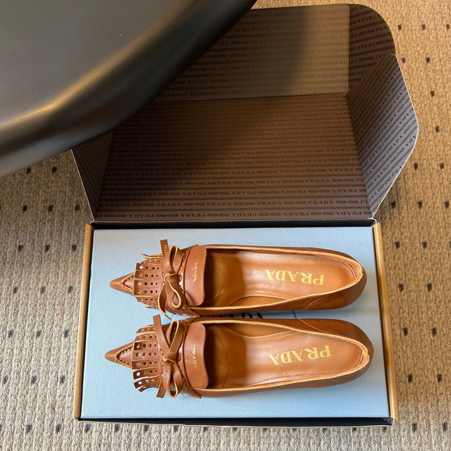 PRADA 26S POINTED TOE BOW FRINGE PUMPS 50MM IN CARAMEL BROWN CALFSKIN