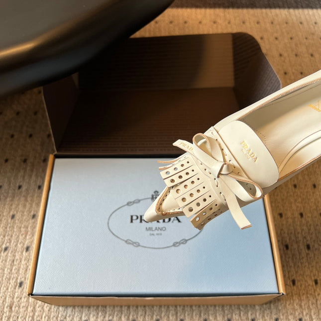 PRADA 26S POINTED TOE BOW FRINGE PUMPS 50MM IN IVORY WHITE CALFSKIN