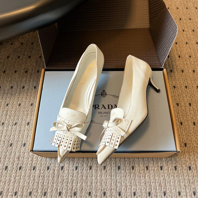 PRADA 26S POINTED TOE BOW FRINGE PUMPS 50MM IN IVORY WHITE CALFSKIN