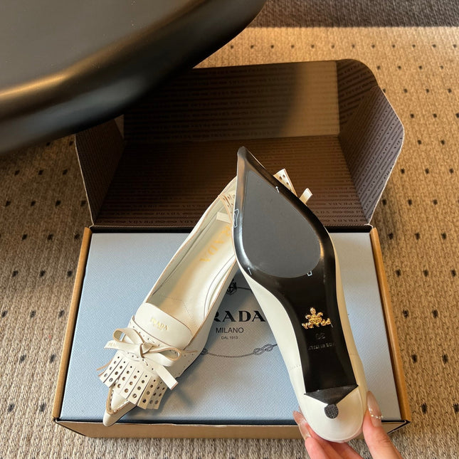 PRADA 26S POINTED TOE BOW FRINGE PUMPS 50MM IN IVORY WHITE CALFSKIN
