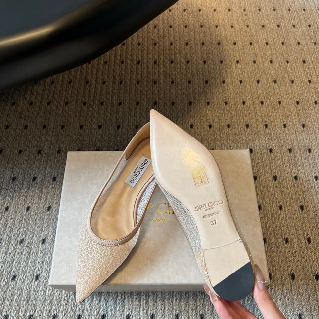 JIMMY CHOO 26S POINTED-TOE FLATS IN NUDE MESH